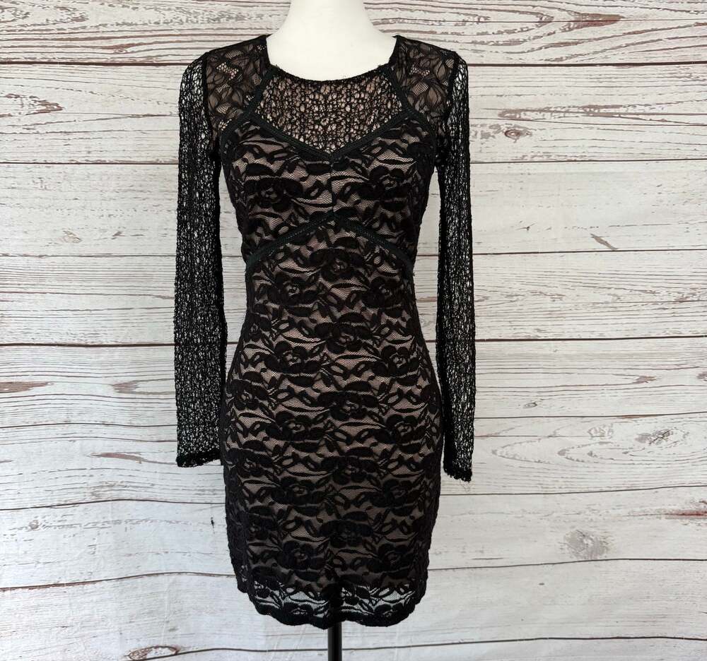 ASTR Women's Black Nude Lace Long Sleeve Bodycon Dress Size Medium